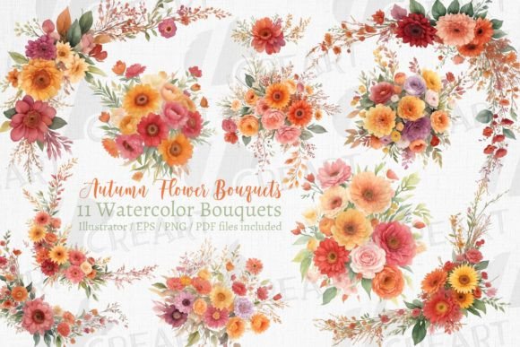 Autumn Color Watercolor Flower Bouquets: Graphics & Print Templates