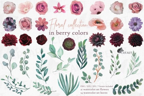 Berry Color Floral Elements Branches: Graphics & Print Templates