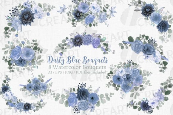 Dusty Blue Floral Bliss Bouquets Graphics & Print Templates