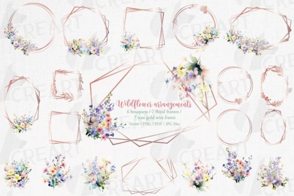 Floral Bouquets & Rose Gold Frames: Graphics for Print Templates